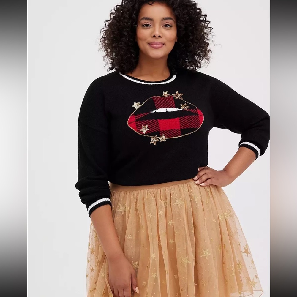 Torrid Pullover Sweater Star Lips Black Plaid Gold Sequins Size 00 Medium M NWT